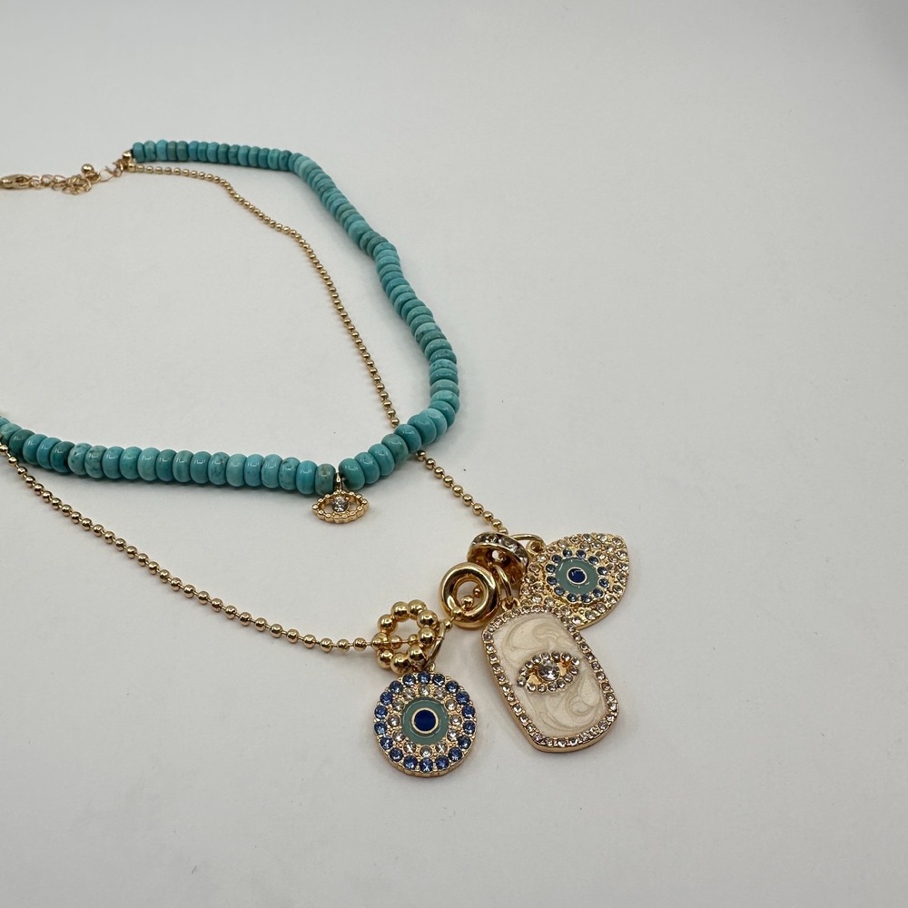 Turquoise & Gold Tone Beaded Evil Eye Layered Necklace Rhinestone Bohemian Gift - Picture 16 of 17